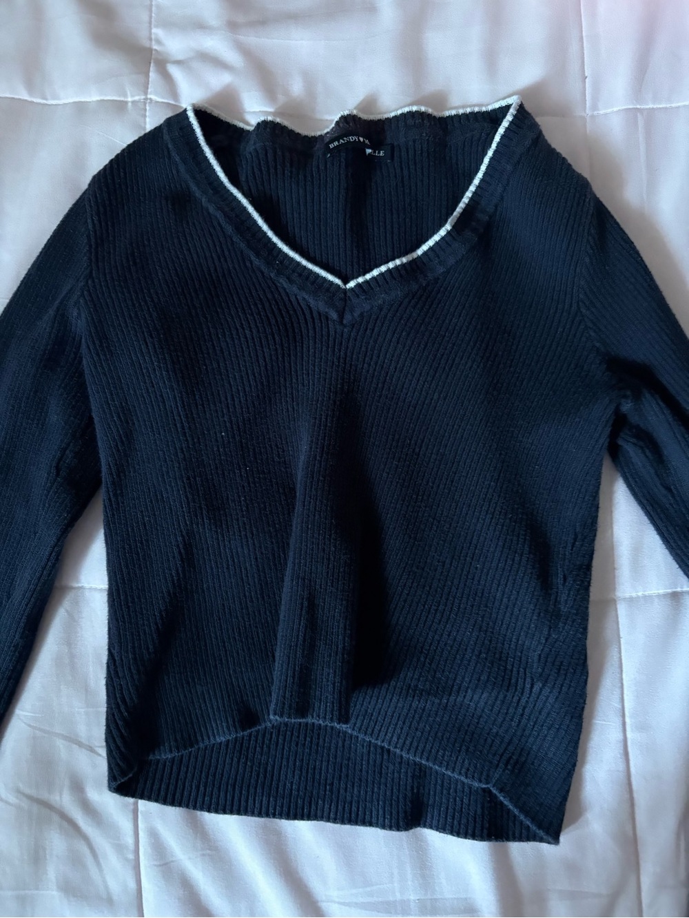 Brandy Melville Black V-Neck Ribbed Sweater with White Trim